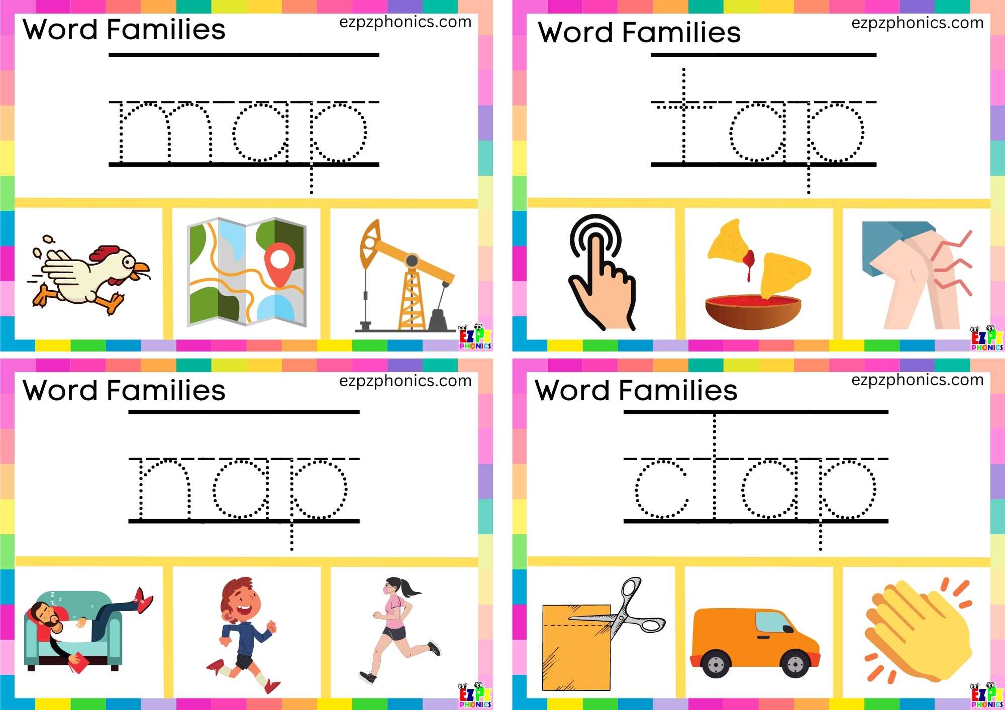 Word Family ap Write the words and clip the correct image clip cards. This set includes the words; map, tap, nap, and clap